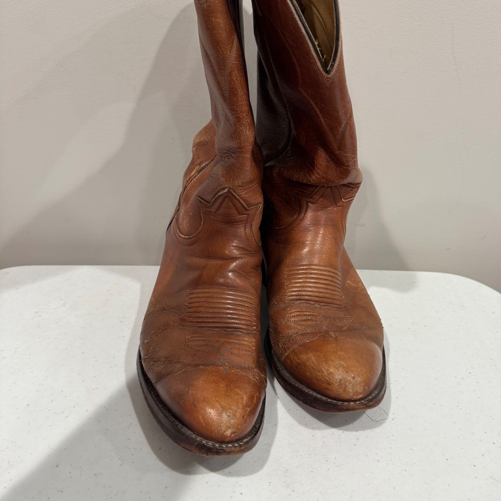 Vintage Tony Lama Cowboy Boots Mens 9 Tan Leather Western Round Toe USA 5084 - Picture 2 of 8